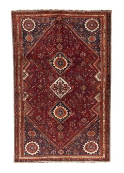 Full view of 2000s Shiraz rug from Iran / Persia, 323 × 211 cm in Red tones