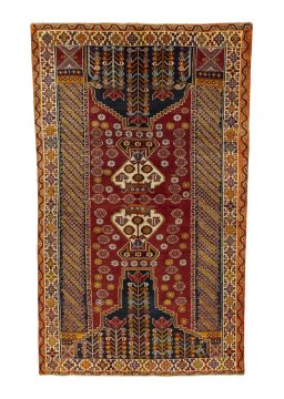Full view of 2000s Shiraz rug from Iran / Persia, 251 × 150 cm in Red tones