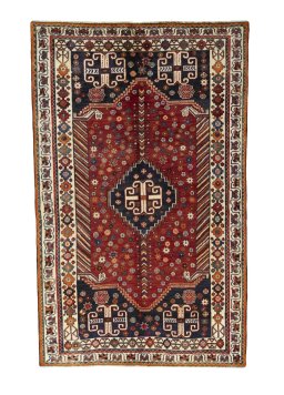 Full view of 2000s Shiraz rug from Iran / Persia, 251 × 155 cm in Red tones