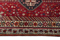 Full view of 2000s Shiraz rug from Iran / Persia, 251 × 155 cm in Red tones