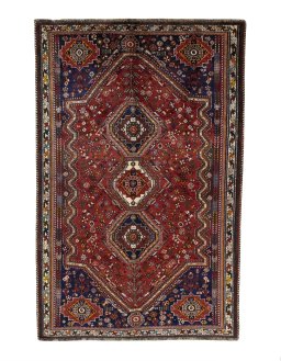 Full view of 2000s Shiraz rug from Iran / Persia, 287 × 185 cm in Red tones