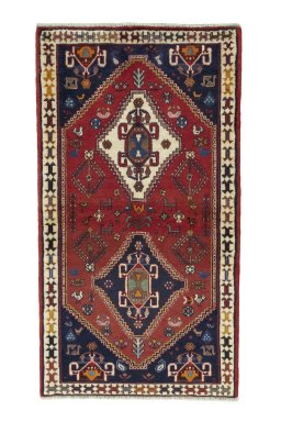 Full view of 2000s Shiraz rug from Iran / Persia, 150 × 82 cm in Red tones