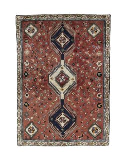 Full view of 2000s Shiraz rug from Iran / Persia, 168 × 120 cm in Red tones