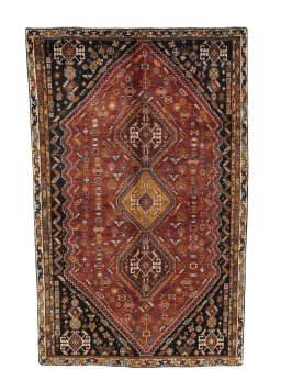 Full view of 2000s Shiraz rug from Iran / Persia, 283 × 180 cm in Red tones