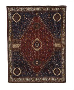 Full view of 1970s Shiraz rug from Iran / Persia, 286 × 220 cm in Red tones