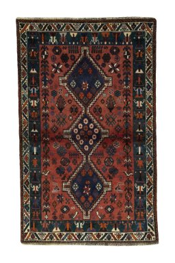 Full view of 2000s Shiraz rug from Iran / Persia, 173 × 108 cm in Red tones