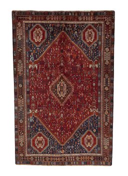 Full view of 1970s Shiraz rug from Iran / Persia, 254 × 167 cm in Red tones