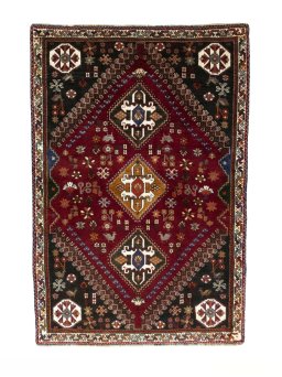 Full view of 2000s Shiraz rug from Iran / Persia, 181 × 122 cm in Red tones