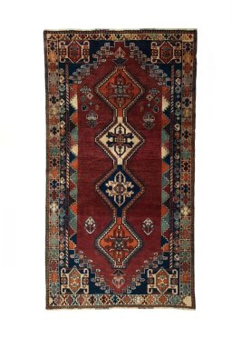 Full view of 2000s Shiraz rug from Iran / Persia, 227 × 125 cm in Red tones