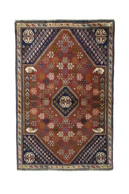 Full view of 2000s Shiraz rug from Iran / Persia, 158 × 104 cm in Red tones