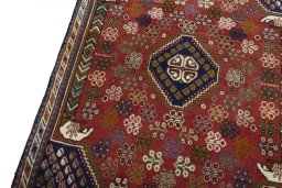 Backside of handmade 2000s Shiraz rug showing knot structure and weave density