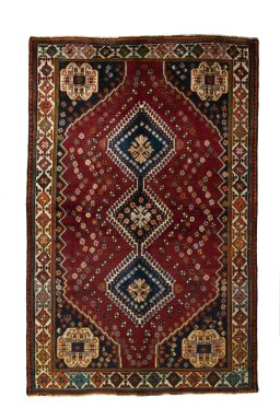 Full view of 2000s Shiraz rug from Iran / Persia, 244 × 159 cm in Red tones