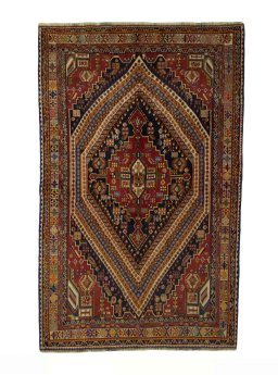 Full view of 2000s Shiraz rug from Iran / Persia, 275 × 174 cm in Multi Color tones