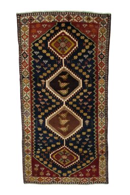 Full view of 2000s Shiraz rug from Iran / Persia, 226 × 116 cm in Blue tones