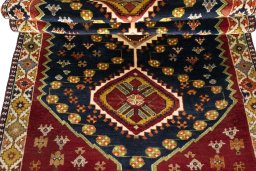 Full view of 2000s Shiraz rug from Iran / Persia, 226 × 116 cm in Blue tones