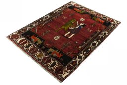 Corner detail of 2000s Shiraz rug showing border pattern and Wool pile