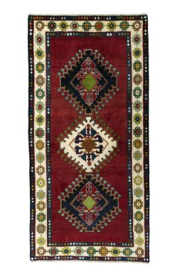 Full view of 2000s Shiraz rug from Iran / Persia, 230 × 114 cm in Red tones