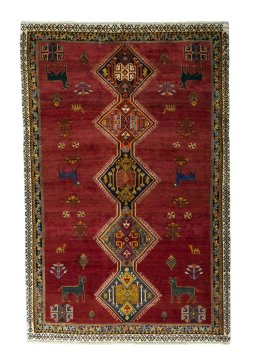 Full view of 2000s Shiraz rug from Iran / Persia, 233 × 153 cm in Red tones