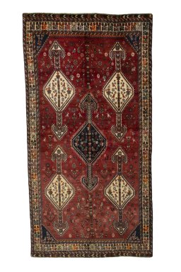 Full view of 1970s Shiraz rug from Iran / Persia, 300 × 155 cm in Red tones