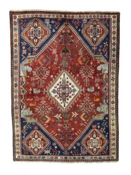 Full view of 2000s Shiraz rug from Iran / Persia, 217 × 155 cm in Red tones