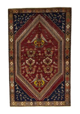 Full view of 2000s Shiraz rug from Iran / Persia, 243 × 155 cm in Red tones