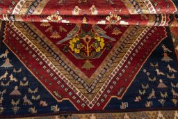 Full view of 2000s Shiraz rug from Iran / Persia, 243 × 155 cm in Red tones