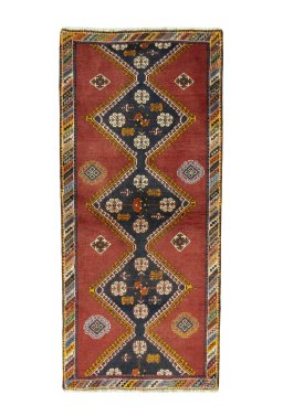 Full view of 2000s Shiraz rug from Iran / Persia, 188 × 84 cm in Red tones