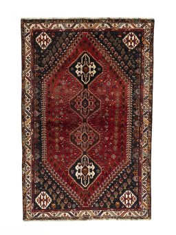 Full view of 2000s Shiraz rug from Iran / Persia, 261 × 173 cm in Red tones
