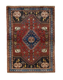 Full view of 2000s Shiraz rug from Iran / Persia, 140 × 103 cm in Red tones