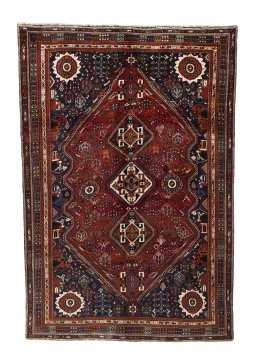 Full view of 2000s Shiraz rug from Iran / Persia, 317 × 215 cm in Red tones