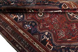Full view of 2000s Shiraz rug from Iran / Persia, 317 × 215 cm in Red tones