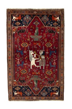 Full view of 2000s Shiraz rug from Iran / Persia, 227 × 147 cm in Red tones