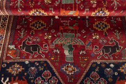 Full view of 2000s Shiraz rug from Iran / Persia, 227 × 147 cm in Red tones
