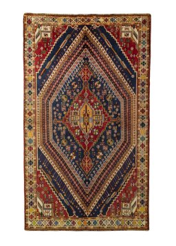 Full view of 2000s Shiraz rug from Iran / Persia, 282 × 166 cm in Blue tones