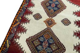 Backside of handmade 2000s Shiraz rug showing knot structure and weave density