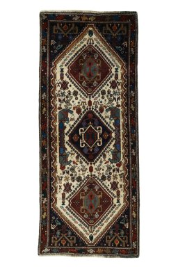 Full view of 2000s Shiraz rug from Iran / Persia, 206 × 85 cm in Beige tones