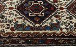 Full view of 2000s Shiraz rug from Iran / Persia, 206 × 85 cm in Beige tones