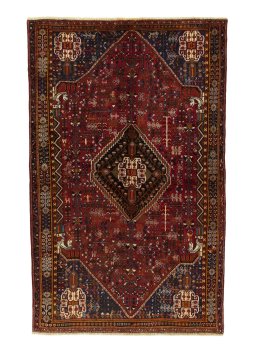 Full view of 2000s Shiraz rug from Iran / Persia, 252 × 157 cm in Red tones