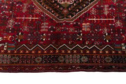 Full view of 2000s Shiraz rug from Iran / Persia, 252 × 157 cm in Red tones
