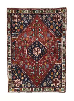 Full view of 2000s Shiraz rug from Iran / Persia, 146 × 105 cm in Red tones