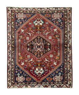 Full view of 2000s Shiraz rug from Iran / Persia, 188 × 153 cm in Red tones