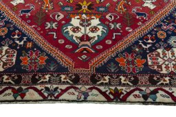 Full view of 2000s Shiraz rug from Iran / Persia, 188 × 153 cm in Red tones