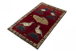 Corner detail of 2000s Shiraz rug showing border pattern and Wool pile