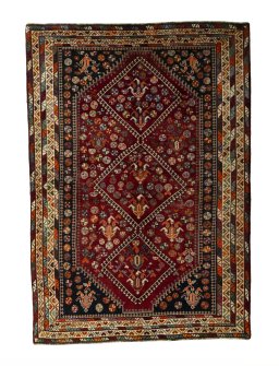 Full view of 2000s Shiraz rug from Iran / Persia, 222 × 157 cm in Red tones