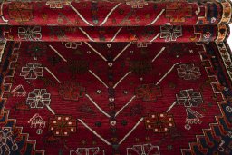 Full view of 2000s Shiraz rug from Iran / Persia, 230 × 122 cm in Red tones