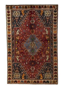 Full view of 2000s Shiraz rug from Iran / Persia, 265 × 170 cm in Red tones
