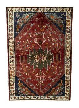 Full view of 2000s Shiraz rug from Iran / Persia, 188 × 131 cm in Red tones