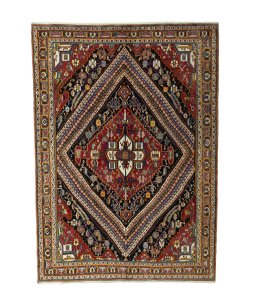 Full view of 1970s Shiraz rug from Iran / Persia, 293 × 210 cm in Blue tones