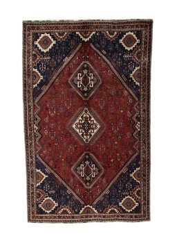Full view of 2000s Shiraz rug from Iran / Persia, 290 × 184 cm in Red tones