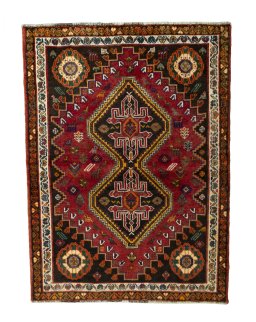Full view of 2000s Shiraz rug from Iran / Persia, 158 × 118 cm in Red tones